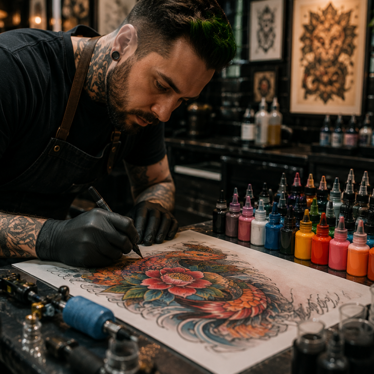 Tattoo artist creating a colorful custom tattoo design