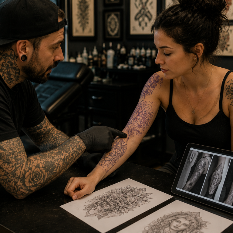 Tattoo artist discussing placement options with client