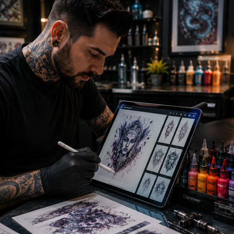 Tattoo artist using AI-generated tattoo designs on digital tablet