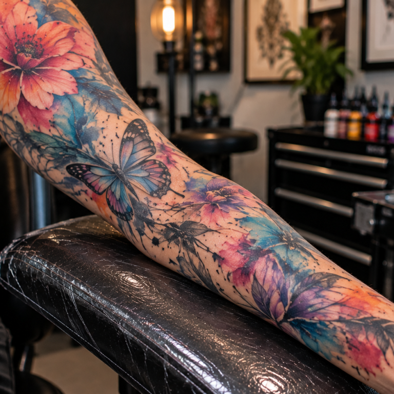 Watercolor tattoo sleeve with vibrant blended colors and artistic effects
